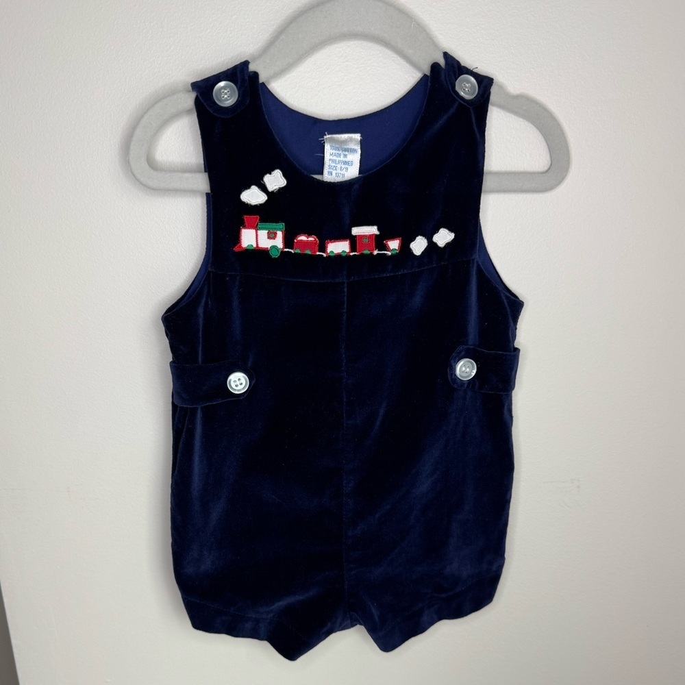 Vintage Velour Baby Boy Navy Christmas Train Romper Size 6-9M
